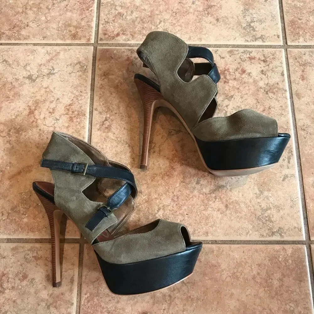 Sam Edelman Olive Green & Black Suede Platform Heels